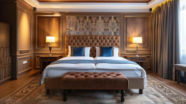 Luxury hotel bedroom with tufted upholstered headboard, wooden wall panels, bedside tables with lamps, blue accent pillows, and upholstered bench at the foot of the bed.