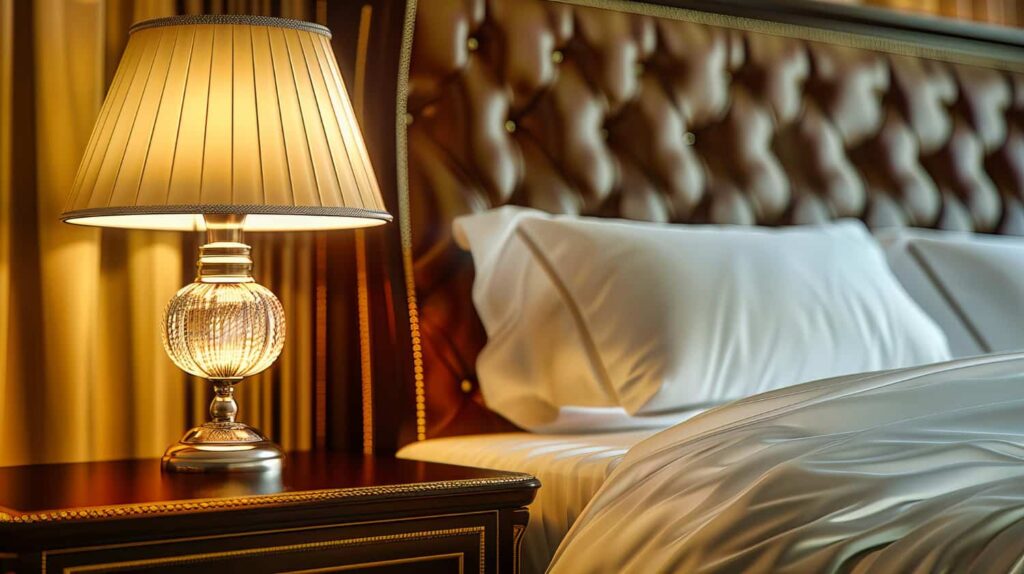 Elegant hotel bedroom with tufted leather headboard, white bedding, dark wood bedside table, and decorative table lamp creating a warm, luxury ambiance.
