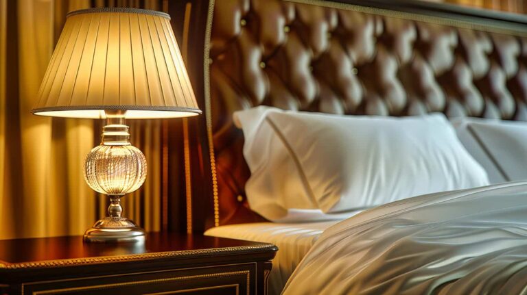 Elegant hotel bedroom with tufted leather headboard, white bedding, dark wood bedside table, and decorative table lamp creating a warm, luxury ambiance.